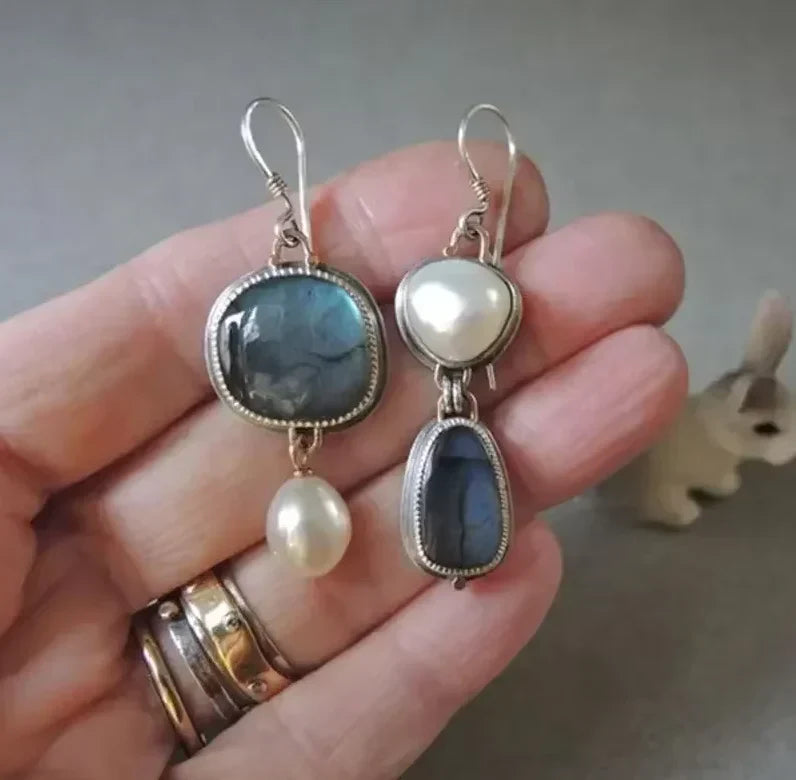 Vintage Blue Stone Pearl Earrings